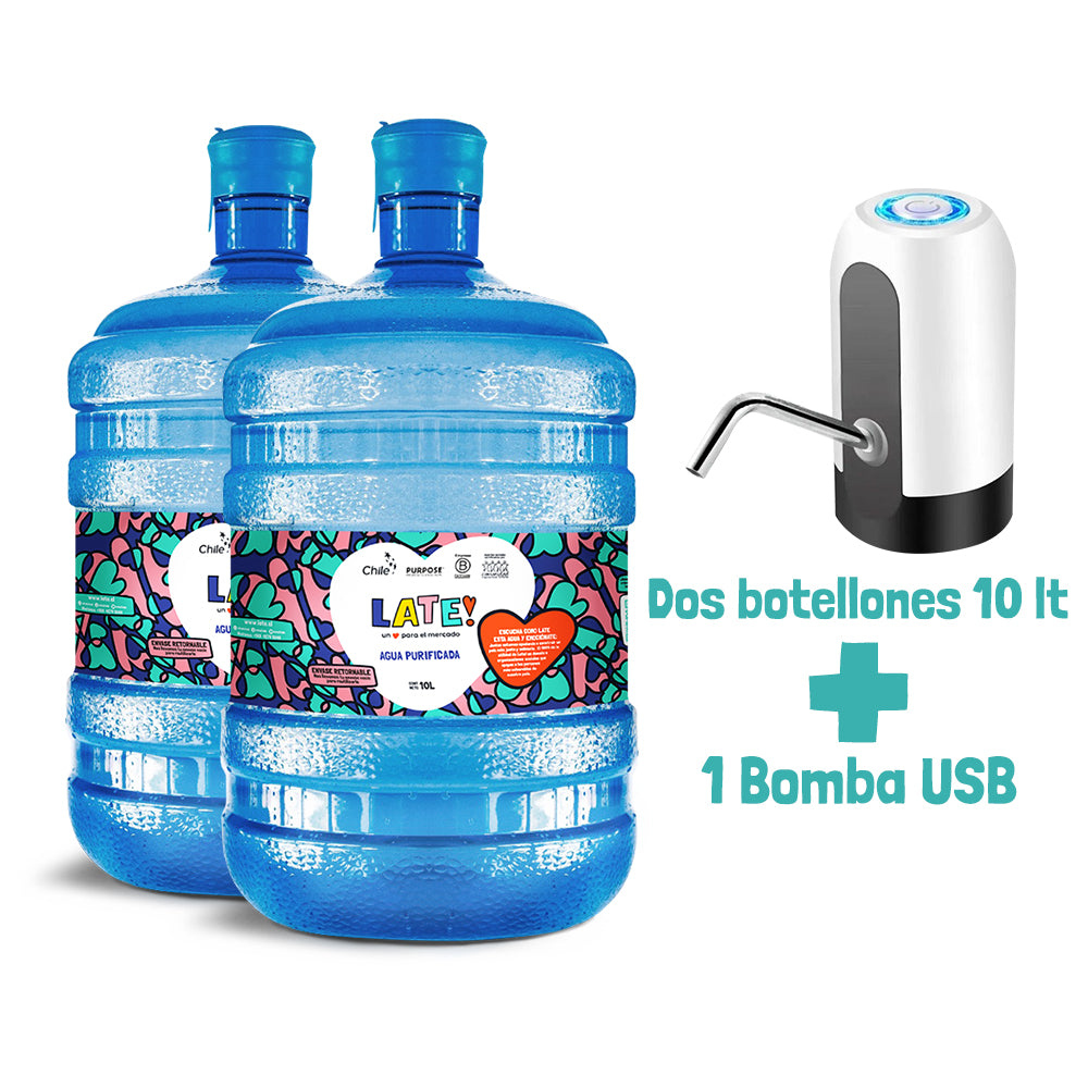 Pack 2 botellones 10 L + Bomba USB (Incluye envases).